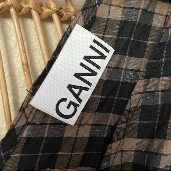 GANNI Seersucker Plaid Check Dress Black Brown Quiet Luxury Classic Sz 38 M B30 - Picture 5 of 13
